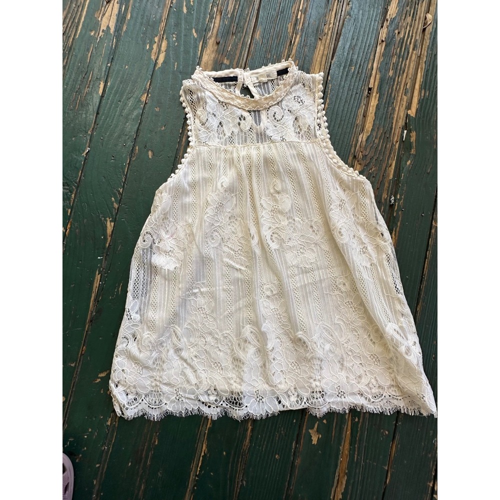 Taylor & Sage Cream Ivory Floral Lace Sleeveless Boho Top Pom‎ Pom Trim XS